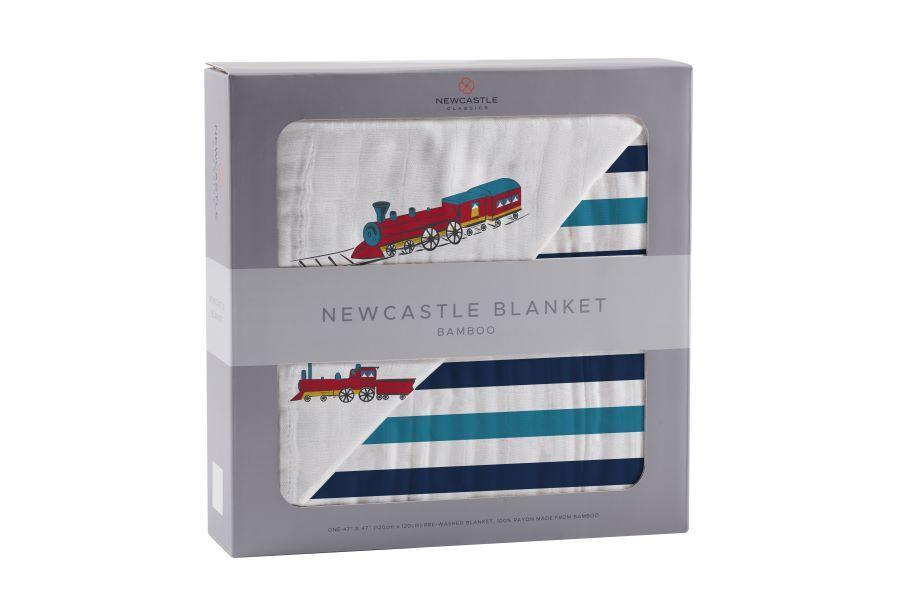 Vintage Steam Trains and Blue Stripe Bamboo Muslin Newcastle Blanket